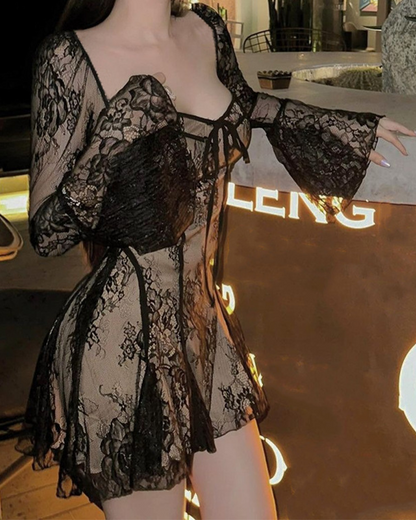 Lace-Up Lace Long-Sleeved Dress