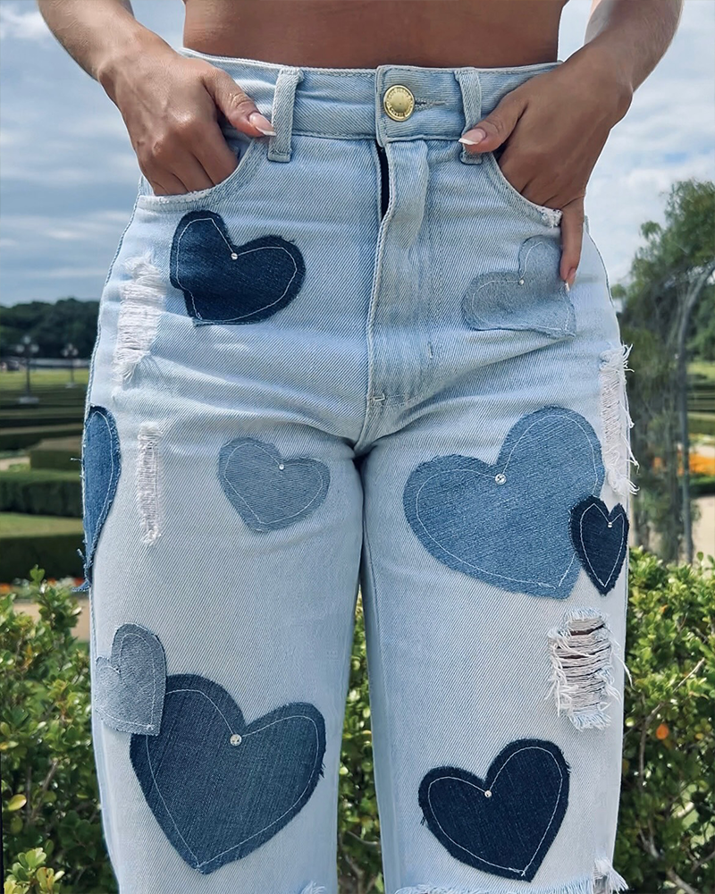 Patch Ripped Straight-Leg Jeans