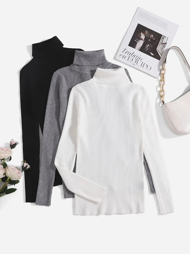 3 pieces Women's Pullover Sweater Jumper Ribbed Knit Knitted Thin Solid Color Turtleneck Basic Casual Daily Winter Fall Black White Gray Brown