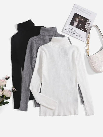 3 pieces Women's Pullover Sweater Jumper Ribbed Knit Knitted Thin Solid Color Turtleneck Basic Casual Daily Winter Fall Black White Gray Brown