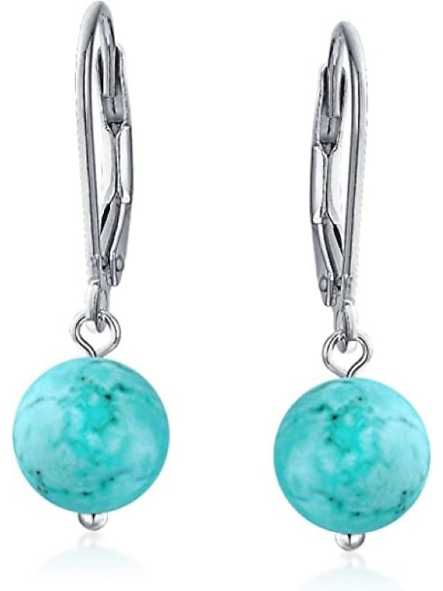 Simple Basic Gemstone Round 8MM Bead Ball Drop Dangle Earrings For Women Teen Secure Hinge Lever back .925 Sterling Silver Birthstones More Colors for Women