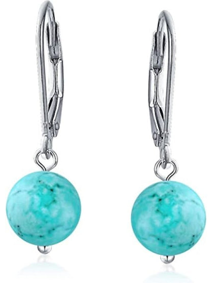 Simple Basic Gemstone Round 8MM Bead Ball Drop Dangle Earrings For Women Teen Secure Hinge Lever back .925 Sterling Silver Birthstones More Colors for Women