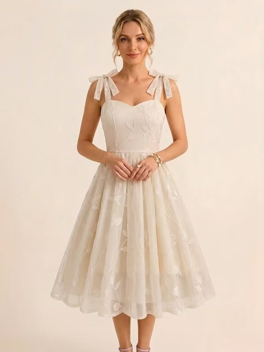 Floral Embroidery 1950s Vintage Midi Dress For Women - Cottagecore Tie Shoulder A-Line Sundress - Summer Wedding Guest 2026