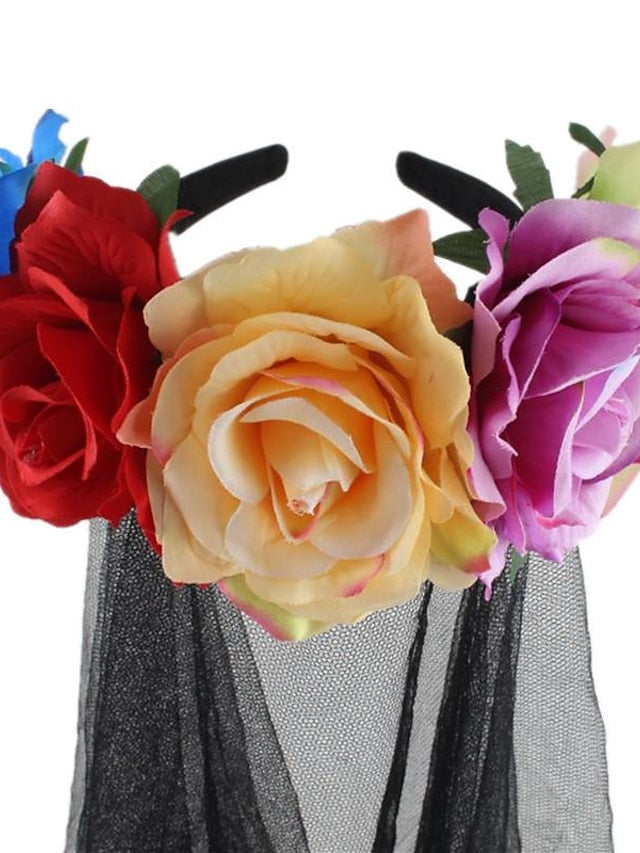 christmas party hair accessories headband simulation rose flower black mesh carnival headband for Women
