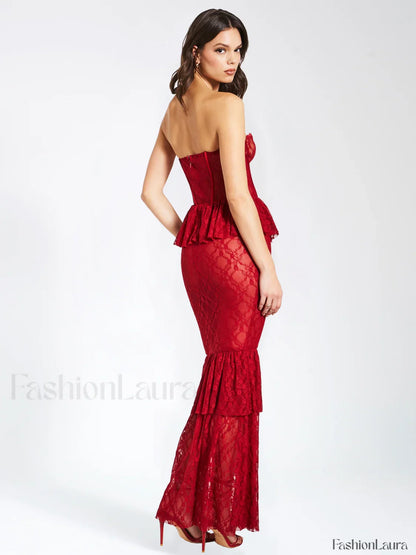 Quennell Burgundy Lace Charming Corset Maxi Dress