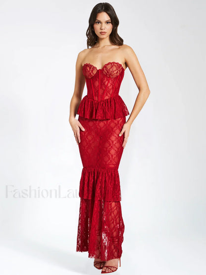 Quennell Burgundy Lace Charming Corset Maxi Dress
