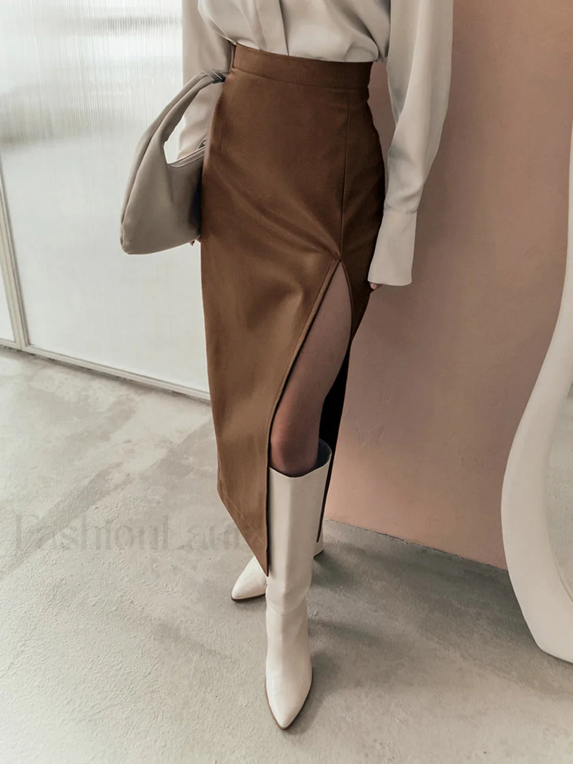 Quiet Luxury Faux Trendy Leather Slit Midi Skirt