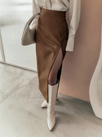 Quiet Luxury Faux Trendy Leather Slit Midi Skirt