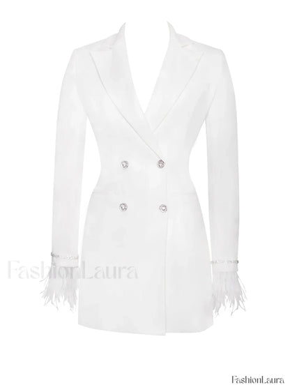 Quilla White Feather Crystal Graceful Sleeve Backless Blazer Dress