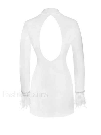 Quilla White Feather Crystal Graceful Sleeve Backless Blazer Dress