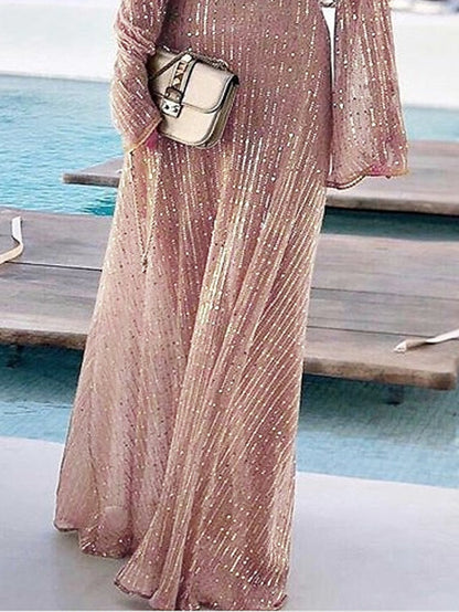 A Line Dress Wedding Guest Maxi long Dress Beige Long Sleeve Solid Color Sequins Fall Winter V Neck Stylish Elegant Formal Party  S M L XL / Party Dress for Women
