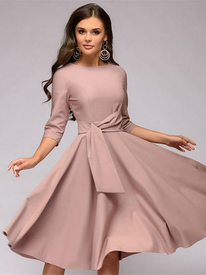 A Line Dress Knee Length Dress Dark Green Navy Blue Beige 3/4 Length Sleeve Pure Color Lace up Fall Spring Round Neck Stylish Elegant Casual Party Slim  S M L XL XXL for Women