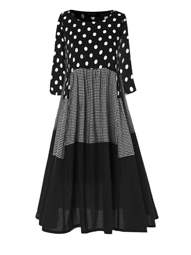 A Line Dress Maxi long Dress Black Yellow Red Long Sleeve Polka Dot Patchwork Summer Spring Crew Neck Hot Winter Dress Fall Dress Loose Fit  M L XL XXL 3XL 4XL 5XL for Women