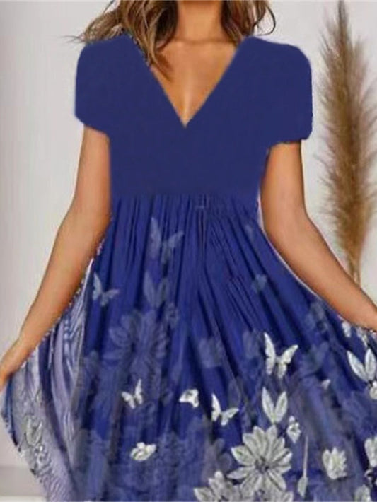 A Line Dress Midi Dress Green Blue Short Sleeve Floral Print Spring Summer V Neck Elegant Casual Vintage  S M L XL XXL 3XL for Women