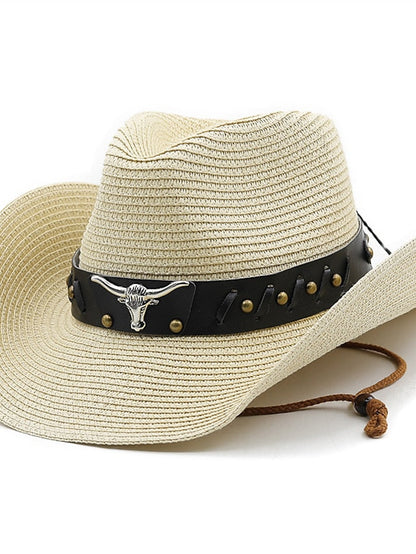 Ethnic Style Hat Cowboy Men Straw Panama Hat Belt Cow Decorate Wide Brimmed Hats For Summer Khaki Women Hat New Arrival for Women