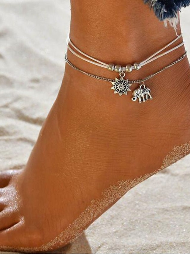 Ankle Bracelet Stylish Simple Body Jewelry For Daily Holiday Layered Alloy Elephant Sun Silver 1pcs for Women