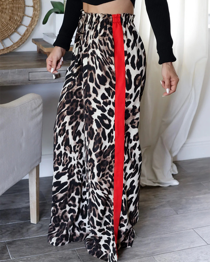 Leopard Print Panelled Wide-Leg Trousers