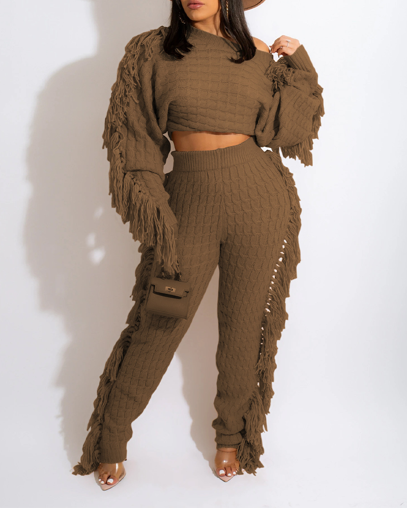 Knitted Long-Sleeved Tassel Suit