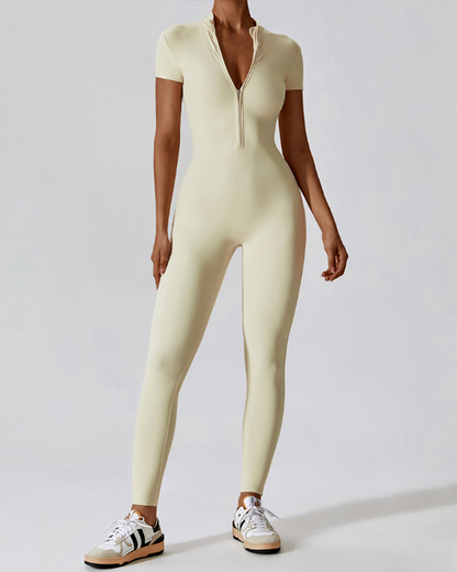 Zippered Short-Sleeved Slim-Fit Jumpsuit