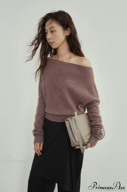 Raccoon Fur Off-Shoulder Cropped Slouchy Knit Top