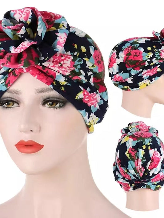 Ethnic Plaid Pattern Cashew Print Big Flower Headscarf Bonnet Women Turban Hat Turbante Femme Musulman India Hat Islamic Head Wrap Turban for Women