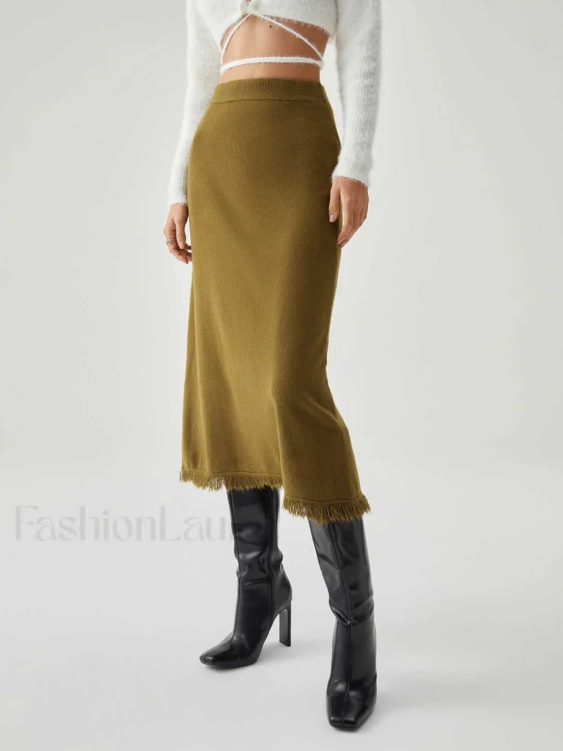 Raw Hem High Trendy Waist Midi Knit Skirt