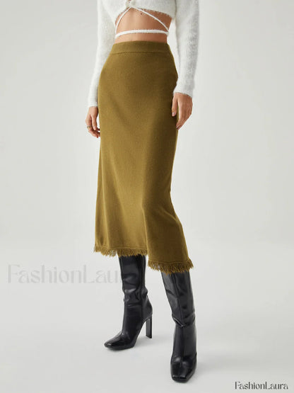 Raw Hem High Trendy Waist Midi Knit Skirt