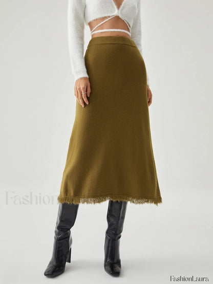 Raw Hem High Trendy Waist Midi Knit Skirt