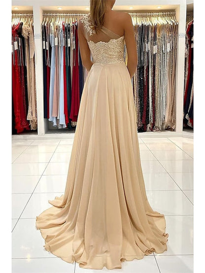 A-Line Prom Dresses Sexy Dress Formal Court Train Sleeveless One Shoulder Chiffon with Slit Appliques 2023