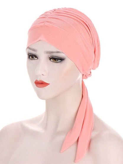 Muslim Women Stretch Solid Wrinkle Turban Hat Cancer Chemo Beanies Caps Pre-Tied Scarf Headwear Headwrap Simple Hair Accessories for Women