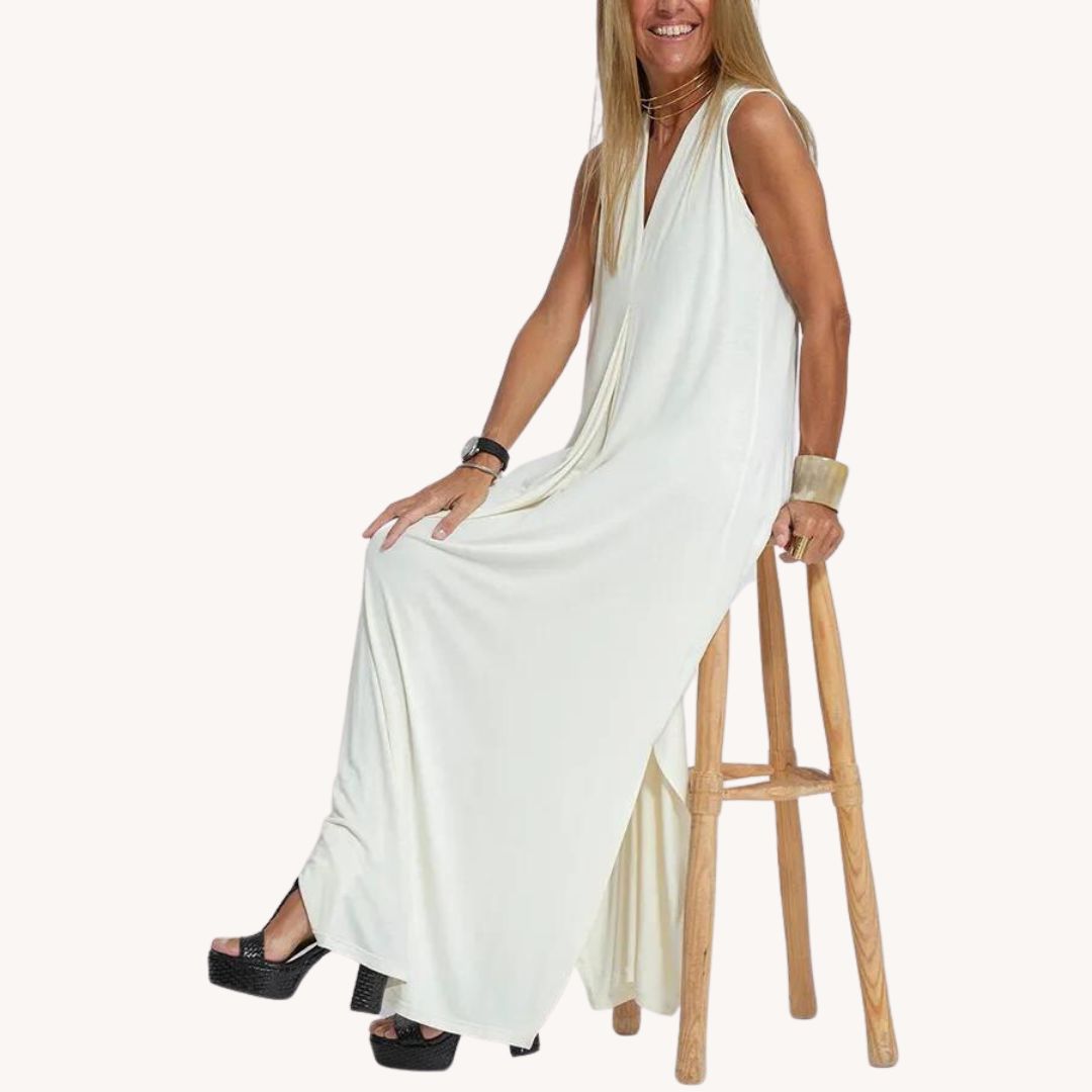 Vestido largo informal de escote en V con abertura para mujer | Ideal para primavera/verano