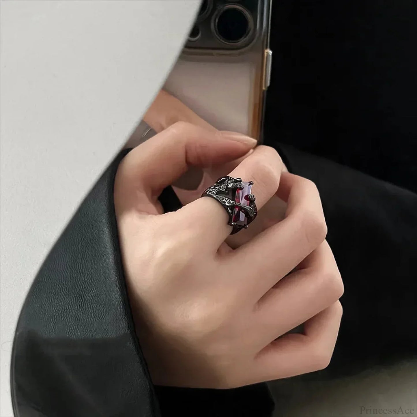 Rebel Spikes Creeper Crimson Gem Gothic Ring