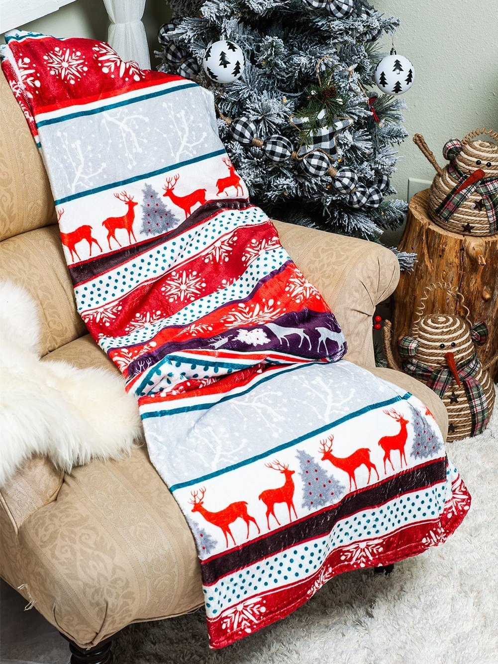 Cozy Red Christmas Elk Print Sherpa Fleece Throw Blanket