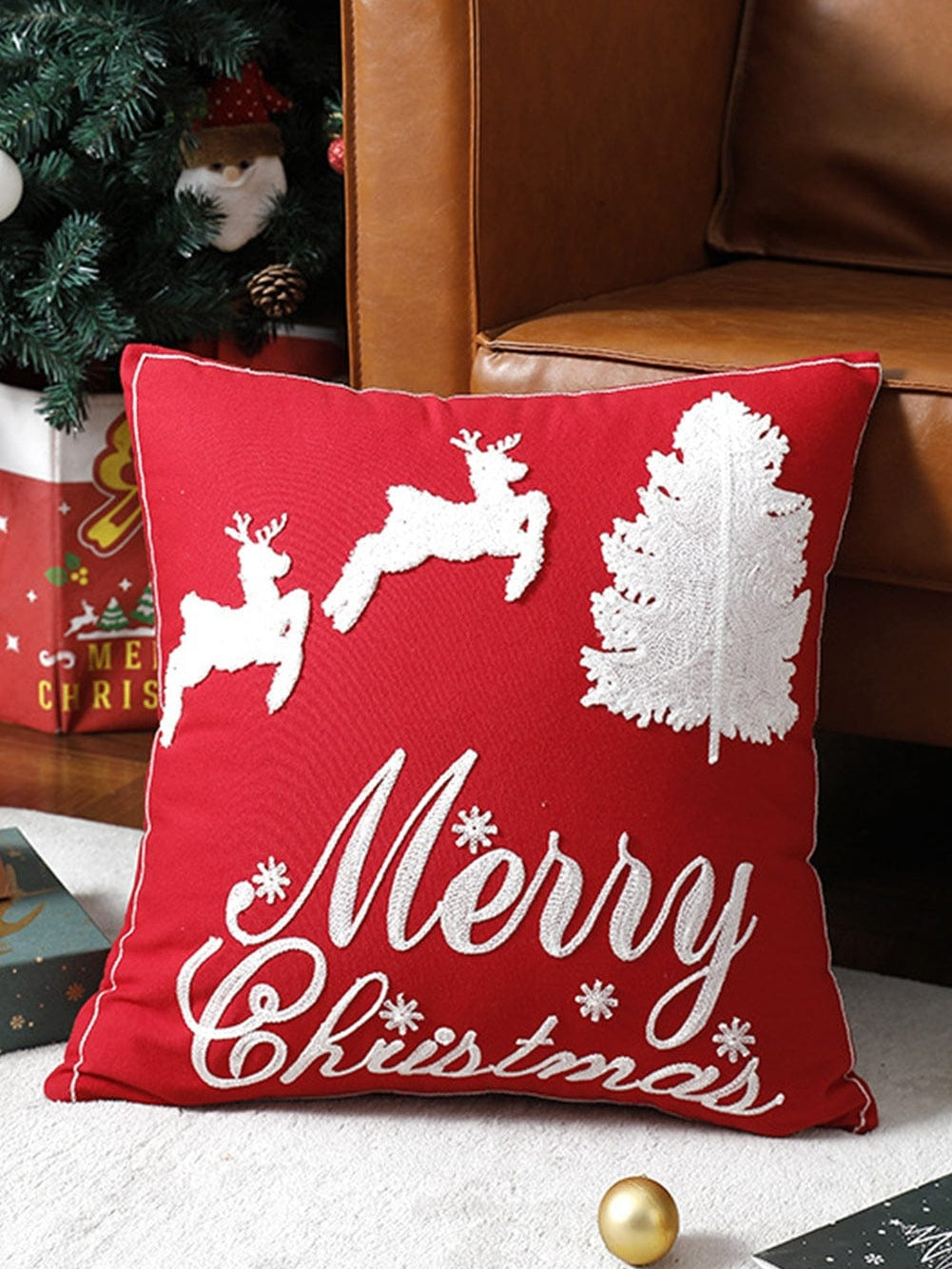 Festive Red Clay Christmas Color Block Square Pillow Cover