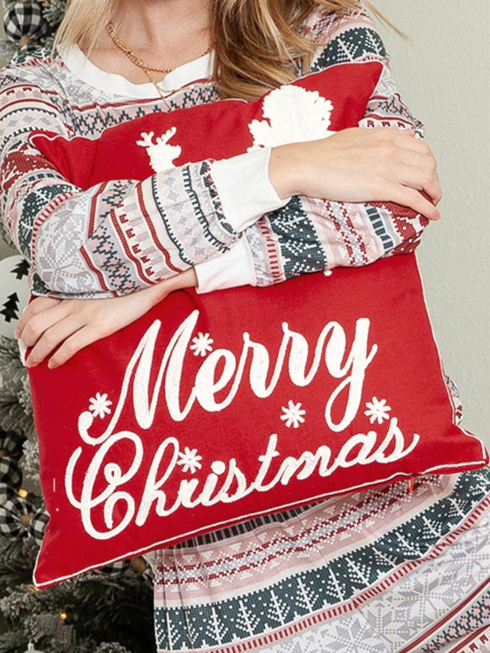 Festive Red Clay Christmas Color Block Square Pillow Cover