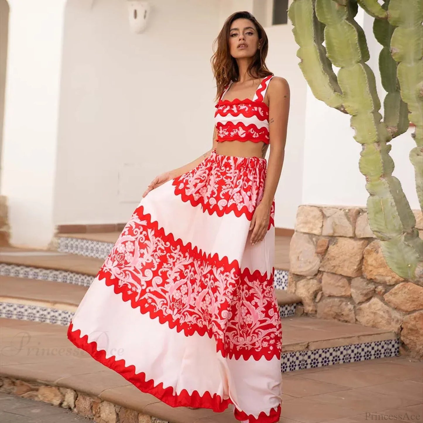 Red Wavy Stripes Skirt Two Piece Set