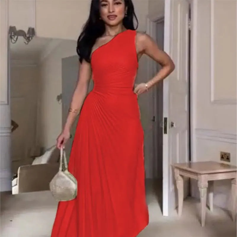Women's Elegant One Shoulder Cinched Waist Pleated Evening Dress | Ideal for Spring/Summer