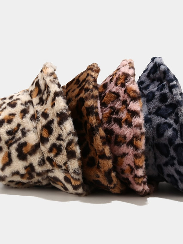 New Winter Bucket Hats Fluffy Fur Men Women Panama Hat Fashion Warm Fisherman Cap Multi Color Leopard Printed Hat for Women