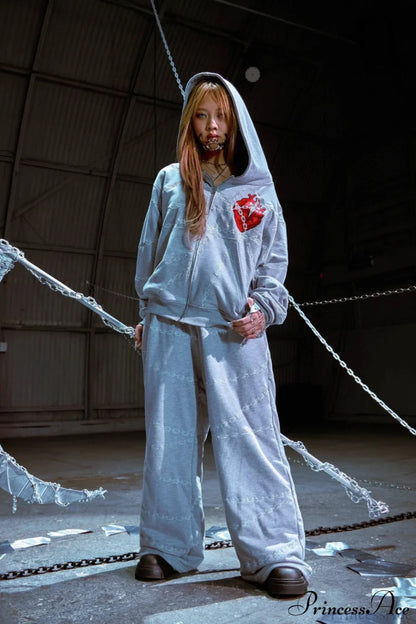 Relaxed Fit Chain Heart 3D Embroidery Print Hoodie
