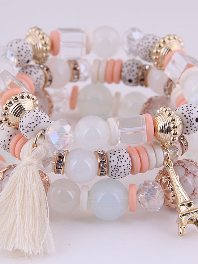 3pcs Bead Bracelet Bracelet Layered Fashion Tassel Bohemian Resin Bracelet Jewelry Black / White / Pink For Gift Daily Holiday Date for Women