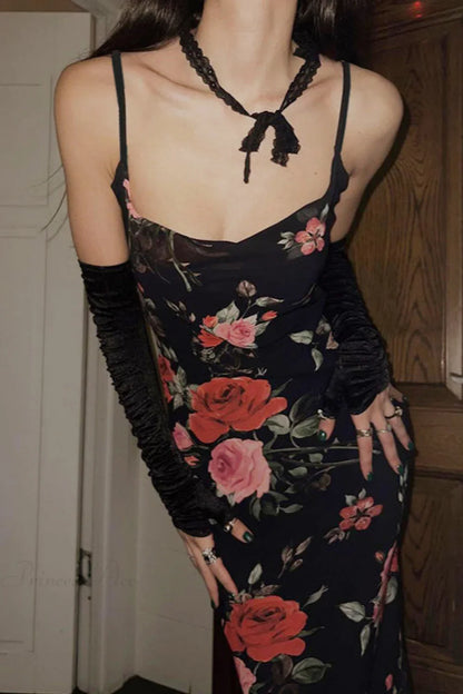 Retro Floral Cami Fitted Bodycon Maxi Dress
