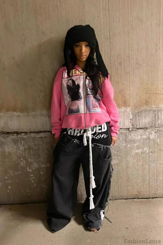 Retro Gothic Print Oversized Hoodie