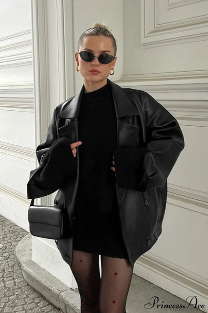Retro Leather Blazer Collar Elegant Coat