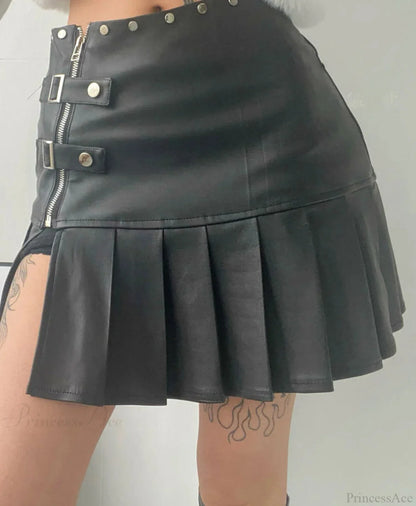 Retro PU Leather Pleated Mini Skirt