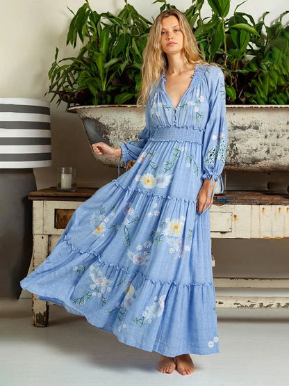 Retro V-Neck Elastic Boho Dress