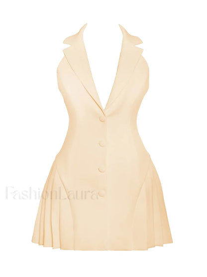 Reyna Beige Backless Charming Pleated Mini Blazer Dress