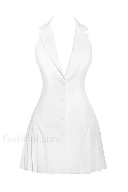 Reyna White Backless Charming Pleated Mini Blazer Dress