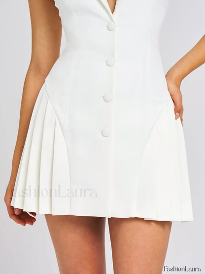 Reyna White Backless Charming Pleated Mini Blazer Dress
