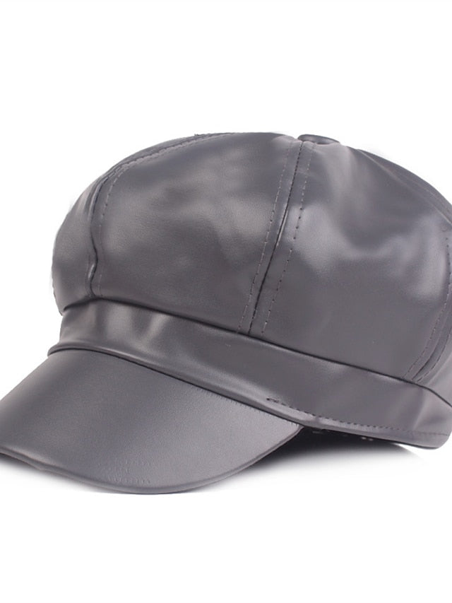 PU Beret Spring Autumn Winter Black Newsboy British Vintage Street Painter's Hat Wine Red Hat Simple Style Berets Octagonal Hat for Women