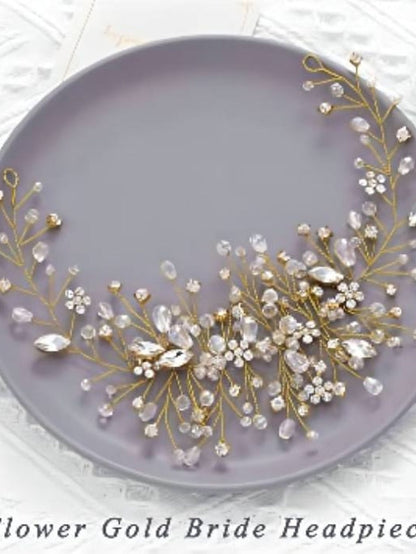 Bride Flower Wedding Hair Vine Crystal Bridal Hair Piece Rhinestone Party Hair Accessories Leaf Hair Jewelry Bead Headpiece for Women and Girls for Women